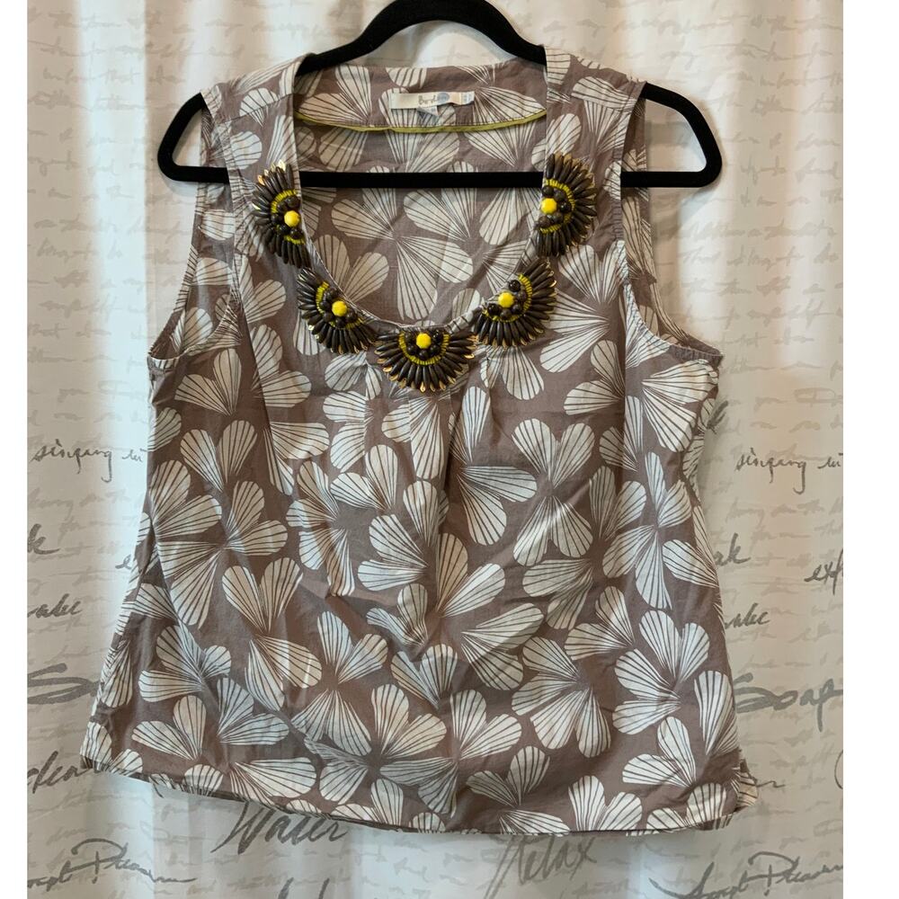 Boden Brown Linen Tank Top with Beaded Statement Collar - Women's 12
